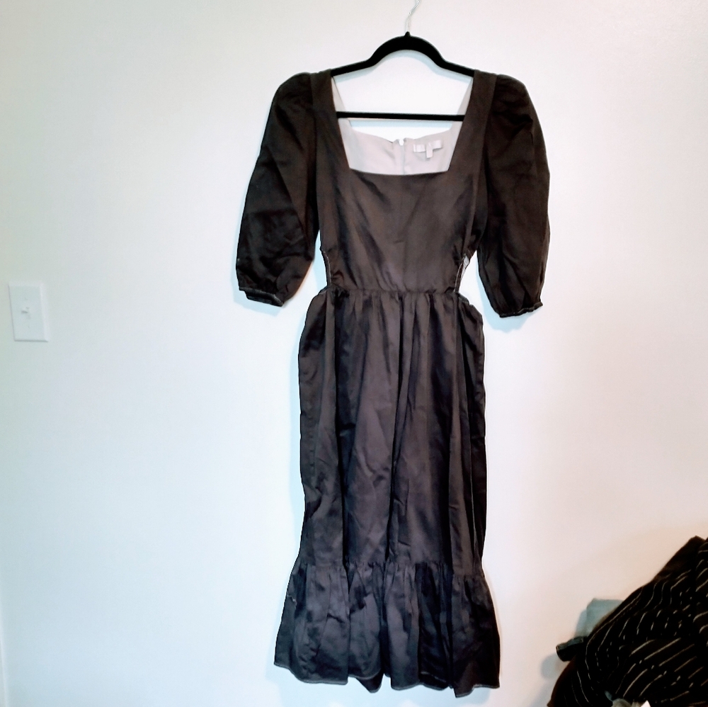 NWOT Wayf hand dyed black midi dress with square neckline and puff sleeves.  Mid